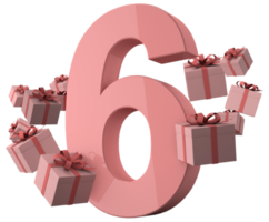 rosa, número 6, un, cumpleaños, concepto, con, regalo, cajas, 3d, render png