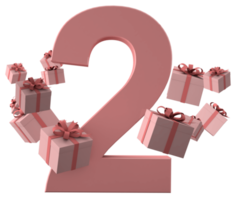 numero rosa 2 un concetto di compleanno con scatole regalo, rendering 3d