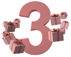 numero rosa 3 un concetto di compleanno con scatole regalo, rendering 3d png