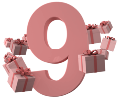 roze nummer 9 een verjaardagsconcept met geschenkdozen, 3d render png