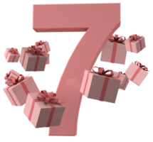 rosa número 7 um conceito de aniversário com caixas de presente, renderização 3d