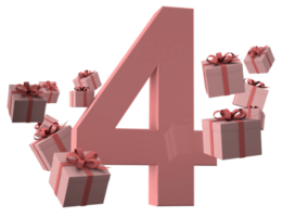 rosa número 4 um conceito de aniversário com caixas de presente, renderização 3d png