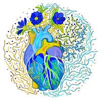 Vector isolated decorative illustration of anatomical heart with flowers.