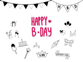 Set of Happy Birthday doodles. Sketch of party decoration, gift box, cake, party hats. Hand drawn vector illustration isolated on white background.