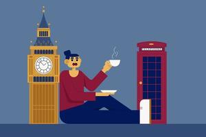 girl is drinking tea next to Big Ben and a phone booth. English theme. cartoon vector illustration