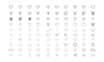 Hearts doodle on a white background. Vector hand drawn outline symbols for love, wedding, Valentine's day or other romantic design. Set of 100 various decorative shapes. Black doodle illustrations.