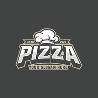 gráfico vectorial de ilustración de la plantilla de diseño del logotipo de pizza con chefs de tapa sobre fondo negro dorado perfecto para café, comida rápida, comida chatarra, restaurante, bar, etc. vector