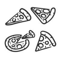 Hand drawn sketch style pizza set. Different types of pizza. Whole and pieces with melted cheese. Best for menu design and packaging. Vector illustrations.