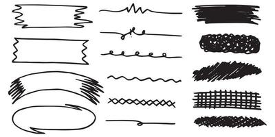 Set of vector brush strokes, various shapes. Lines, waves, stripes, rectangles, text background with rough edges. Hand drawn collection of different graphic elements.