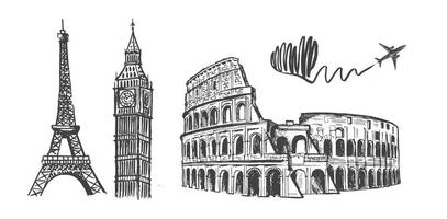 Sketch of the Coliseum, Eiffel tower in Paris, Big Ben. Hand drawn illustrations.