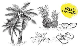 Hello Summer, palm tree, glasses, pineapple. Hand drawn illustration. vector