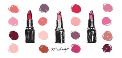 Lipstick hand drawn illustration. Makeup set. vector