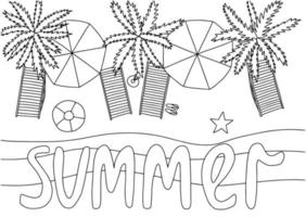 Summer beach coloring page top view. Vector hand drawn sunny beach top view with palms umbrellas and chaise lounges. Coloring book for children and adults.