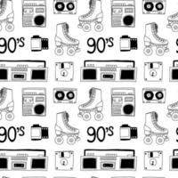 90's party vector seamless pattern. Doodle cassette player, boombox, roller skate, cassette, floppy disk isolated on white background.