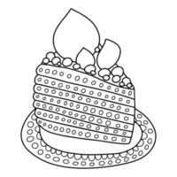 Slice of cake on plate vector coloring page. Cute coloring page for children and adults with tasty dessert.
