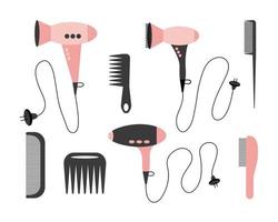 conjunto de herramientas vectoriales de peluquería. secador de pelo y tipo de peine conjunto de ilustración plana. vector