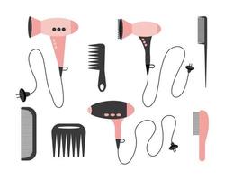 Hair salon vector tools set. Hair dryer and comb kinds flat illustration set.