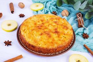 Delicious homemade apple pie on pink background. Apple pie with ingredients, apples and cinnamon photo