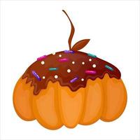 Halloween dessert pumpkin with chocolate. Sweet food. Kids party. Cartoon vector illustration. Halloween cake isolated