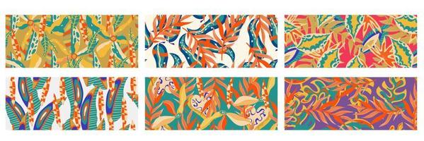 Contemporary aesthetic jungle wall set horizontal seamless pattern background. Modern exotic floral jungle pattern. Pattern art texture background vector. Ethnic boho leaf floral background art. vector