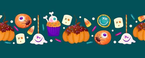 Halloween border with sweet dessert eyeball, cake and lollipop. Autumn vector background. Vector cartoon design. Halloween sweet, round cookie, spooky cake.