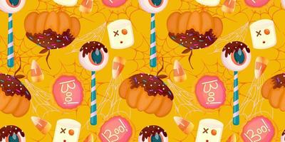 Cartoon seamless pattern halloween sweet dessert. Fantasy eyeball, pumpkin, candy colorful illustration. Cute candy wallpaper. Magic print. Cartoon vector illustration. Happy halloween