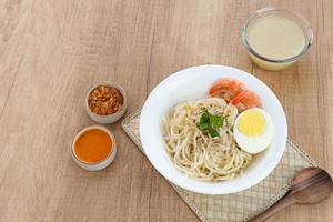 Mie Celor, a noodle dish from Palembang, South Sumatra, Indonesia. Served in a thick and savory shrimp broth with complements such as eggs, shrimp, bean sprouts, and celery. photo