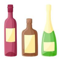 conjunto de botellas de bebidas alcohólicas en estilo plano. botellas de bar de vino, whisky y champán. vector