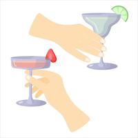 In the hands of cold glasses with alcoholic beverages. Fresh cold summer cocktails. vector