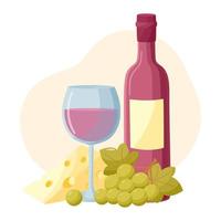 Bottle and glass of wine with green grapes and cheese. vector