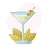 Martini cocktail with olives and leaves in the background. Menu design elements. Summer cocktail in flat style. vector