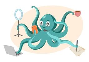 The octopus blogger does a lot of things at the same time. Multitasking and blogging concept. Shooting video for social networks. vector