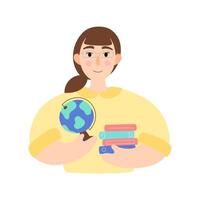 Teacher holds a globe and books. Illustration of a teacher in a flat style. vector