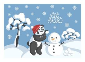 Winter card with panda in red hat sculpt snowman and text let it snow. vector