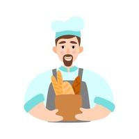 Baker in professional uniform and chef hat holding baguettes and bread. Cooking Illustration in a flat style. vector