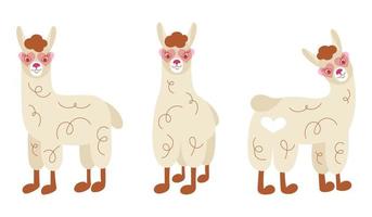 Set of cute funny llamas in pink sunglasses. Handwritten vector llamas.