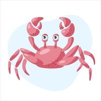 Cute red crab on a blue background. Flat cartoon vector illustration.