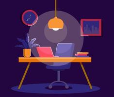 Workplace with laptop at home. Night work concept. A lot of work. Vector illustration in flat style.