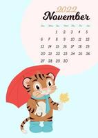 Wall calendar template for November 2022. Year of the tiger to the Eastern Chinese calendar. Cute character in flat design. vector