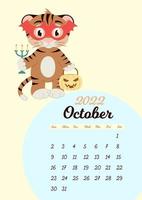 Wall calendar template for October 2022. Year of the tiger to the Eastern Chinese calendar. Cute character in flat design. vector