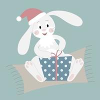 A cute white rabbit in a New Year's hat is packing a gift. Cartoon character on a New Year background. Vector illustration.