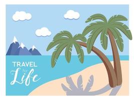 Tropical beach postcard with sand, sea and palm trees. Flat vector illustration.