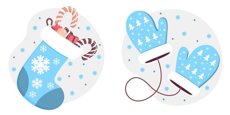 A set of two winter clothing options. Cutouts and Christmas sock with gifts. New Year concept. Vector illustration.