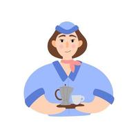 asistente de vuelo con café y una taza en una bandeja. ilustración de personaje de azafata en un estilo plano. vector