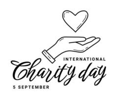 logotipo del día internacional de la caridad el 5 de septiembre con una mano generosa y un corazón en un estilo lineal. símbolo vectorial de solidaridad en un fondo blanco. vector