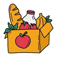 Shopping box with groceries, food donation icon vector