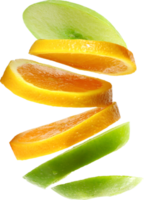 Green and red apples and orange slices fruit isolated png