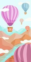 Multicolored balloons with baskets fly over the river and mountains. Vector flat illustration.