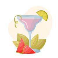 Fresh alcoholic cocktail with watermelon and lime. Menu design elements. Summer cocktail in a flat style. vector