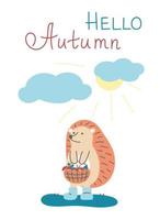 Cute little hedgehog in red scarf with autumn leaves. Autumn greeting postcard. Hello Autumn. vector